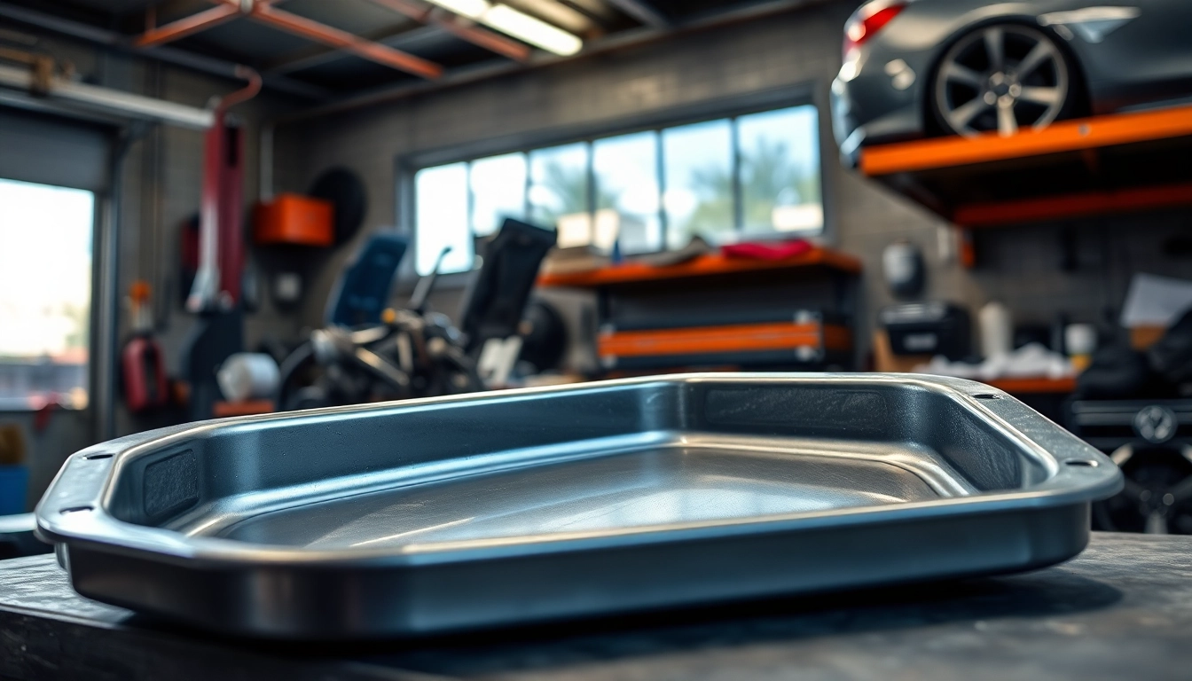 Efficient oil drain pan positioned in a busy workshop demonstrating its practical features.