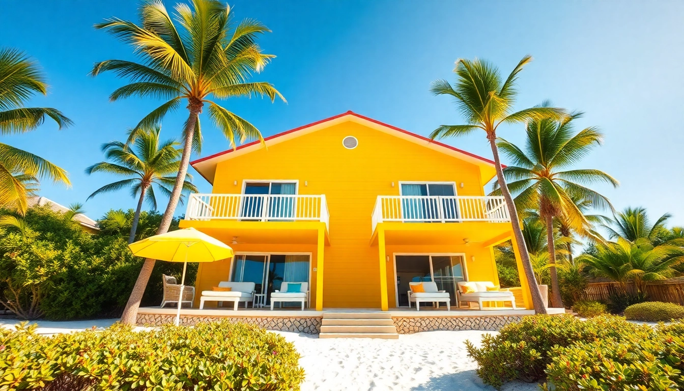 Cozy coastal cabana with vibrant colors and palm trees inviting relaxation by the beach.