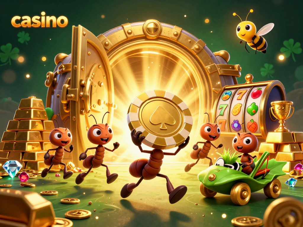 Cute ants executing a casino heist with giant poker chips and sparkling treasures, illustrating casino excitement.