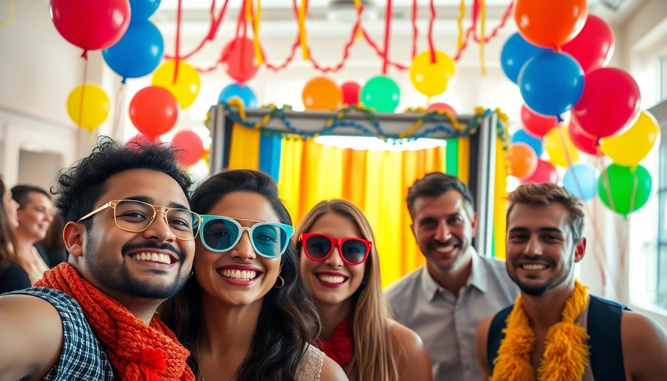 Guests enjoying a photo booth chicago filled with vibrant props, capturing joyful moments.