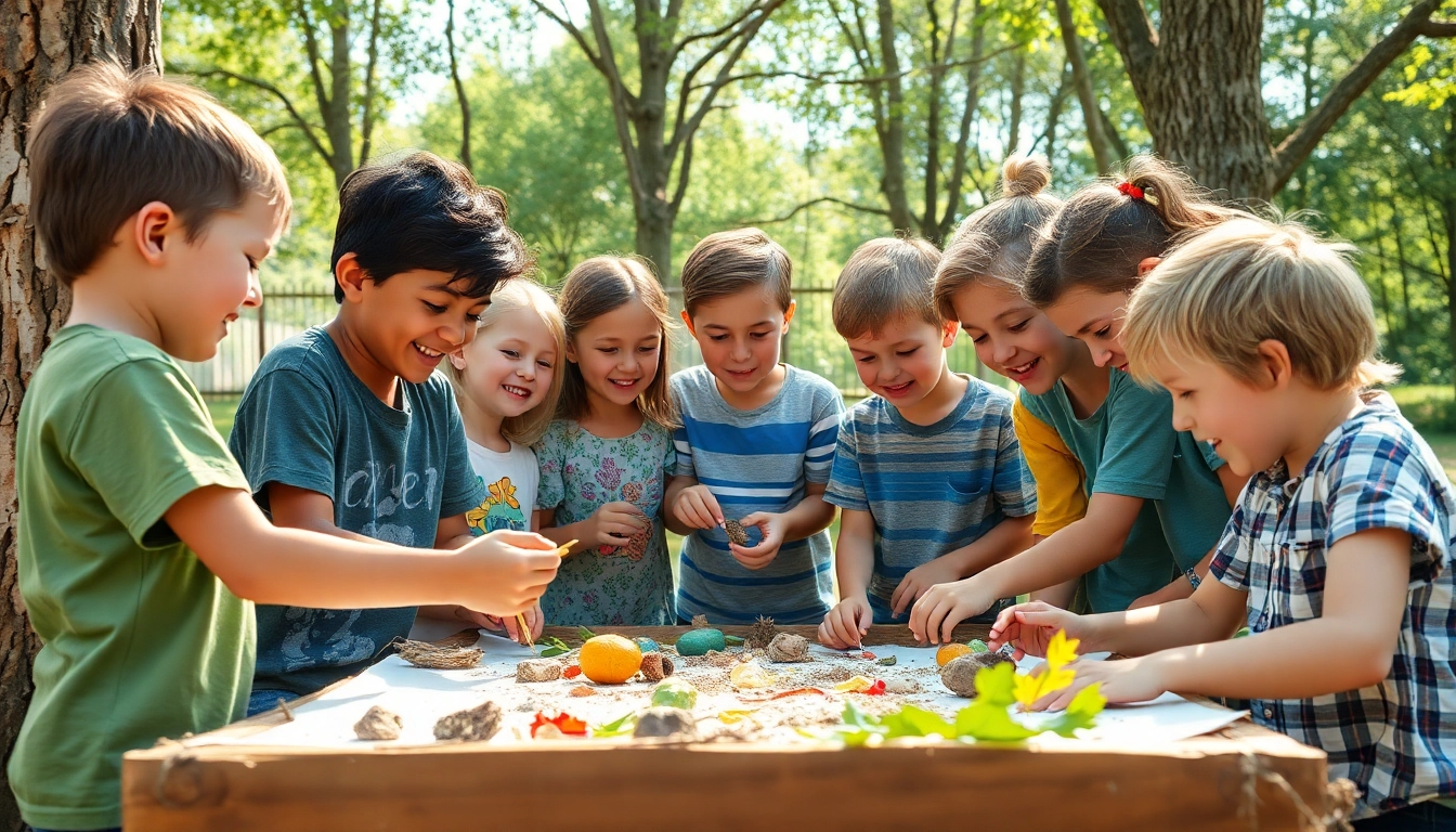 Children creatively engaging in a homeschool summer camp activity surrounded by nature.