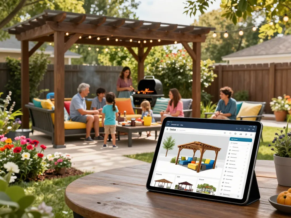 Family designing their dream outdoor space with a custom pergola configurator, enjoying a sunny gathering.