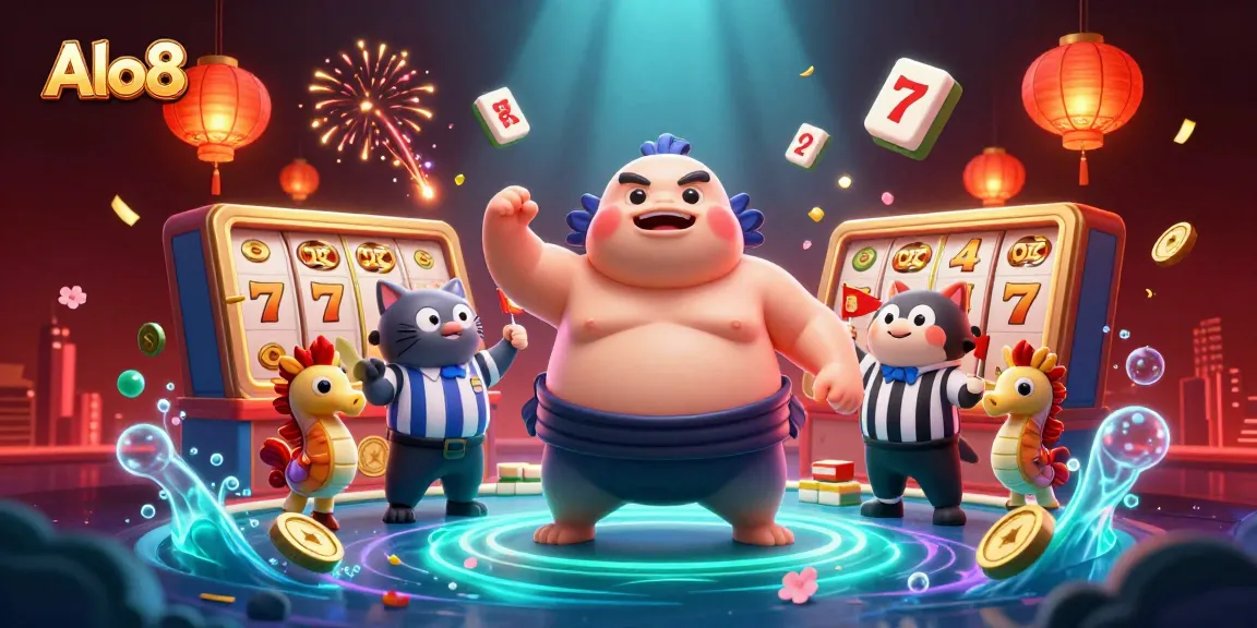 Alo8 casino scene showcasing a fugu blowfish sumo wrestler in a vibrant underwater ring with dynamic slot game elements.
