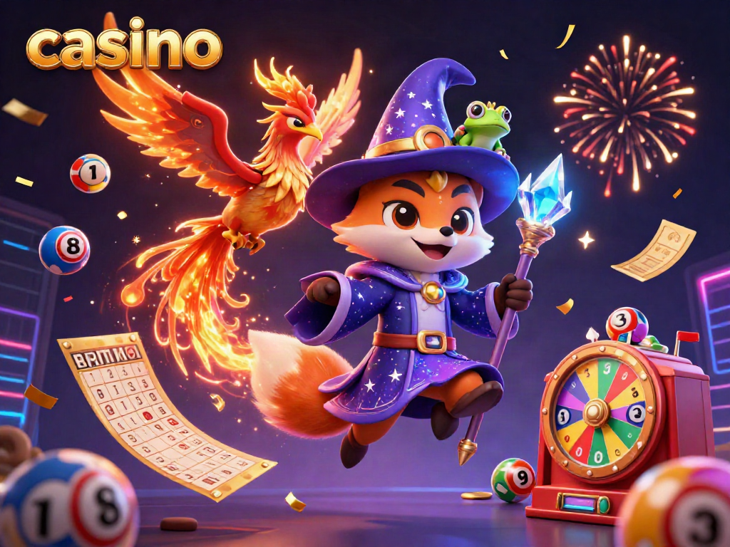 Engaging casino-themed 3D illustration featuring a mystical wizard fox, phoenix, and enchanted frog amidst vibrant game elements.