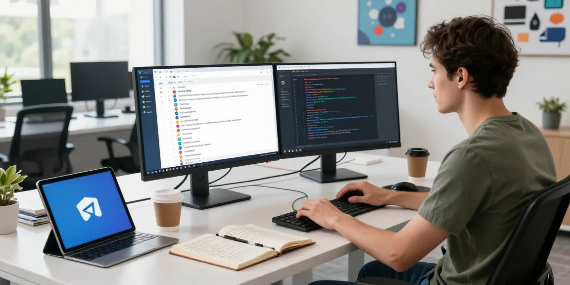 Developer using telegram中文版 on dual monitors in a modern tech workspace.