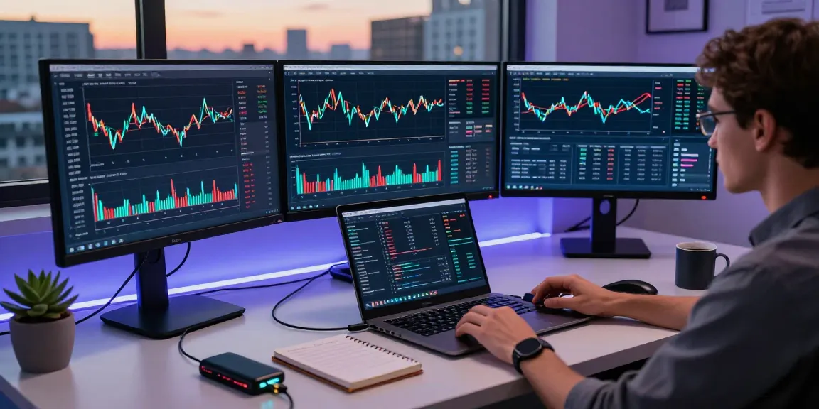 Passive bitcoin mining illustrated in a modern crypto trading workspace with multiple screens showcasing trading metrics and a professional engaged in analysis.