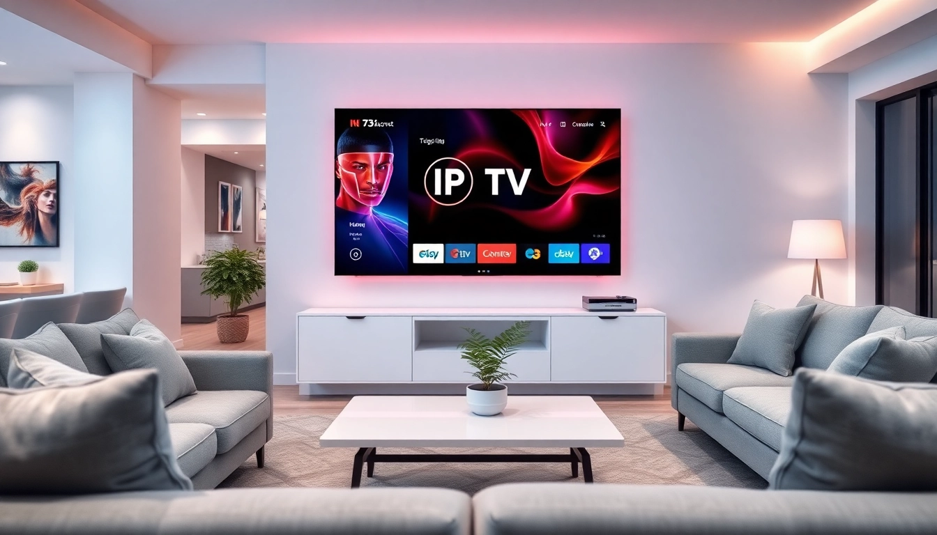 Enjoying an IPTV service in a cozy modern living room setting with vibrant visuals.