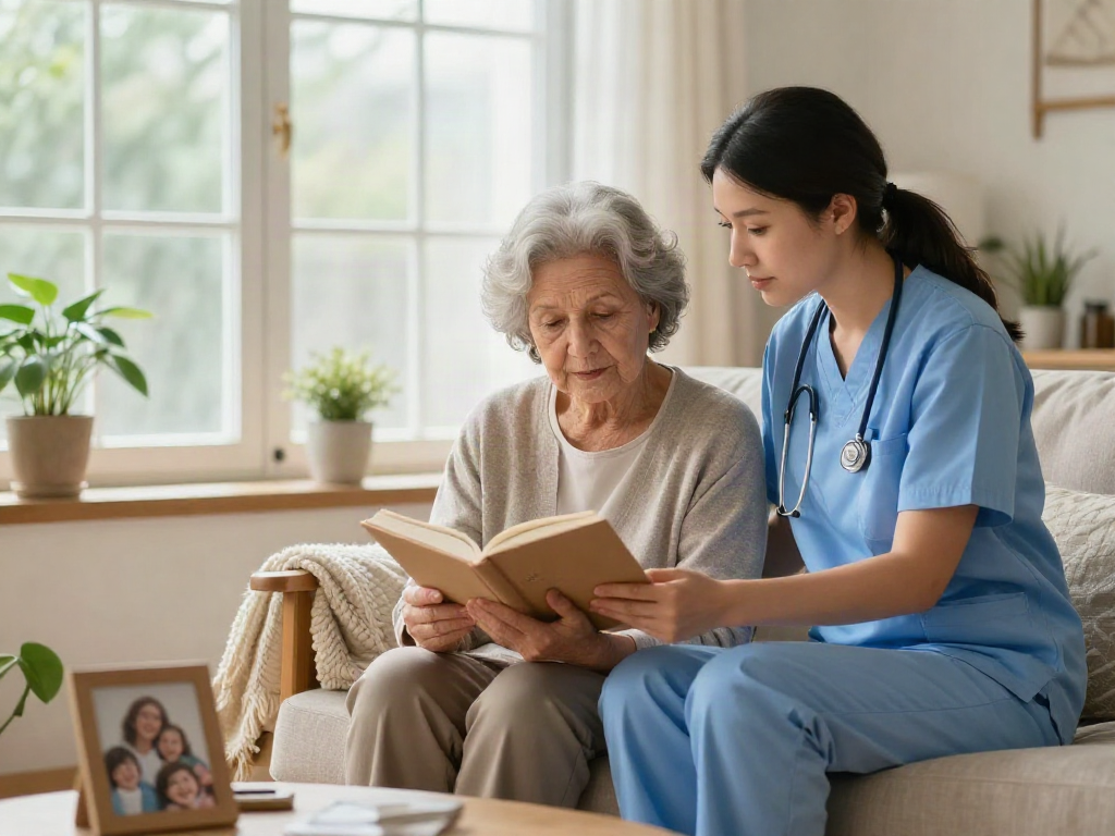 Caregiver providing assistance to a new member in a cozy home care setting