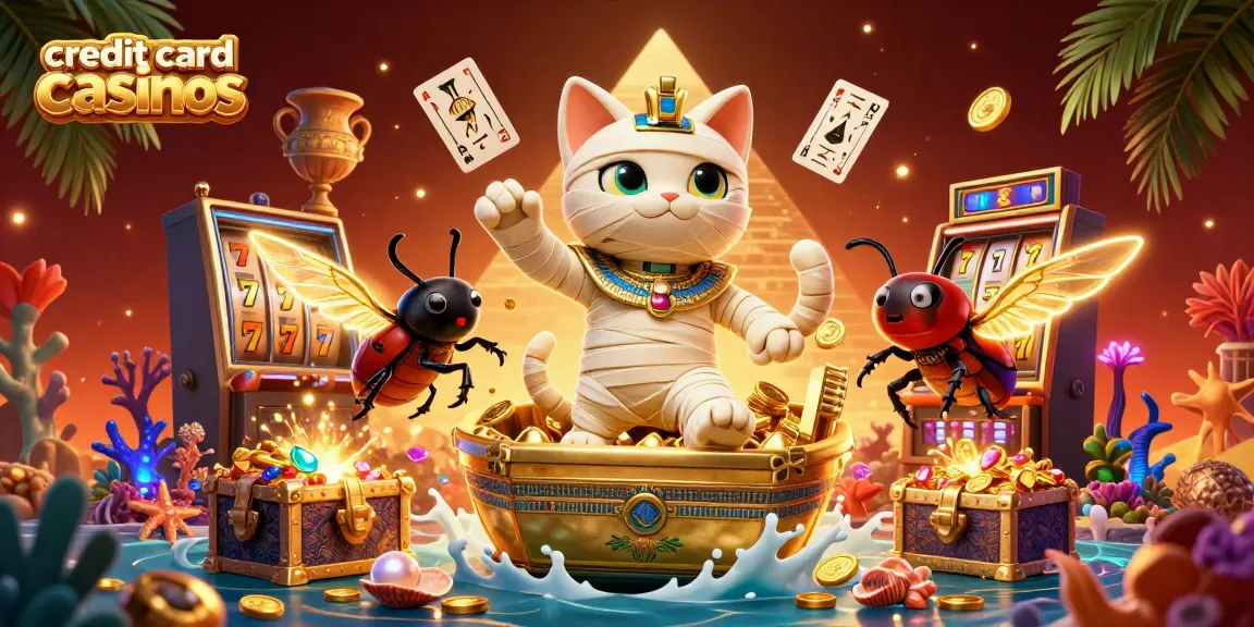Explore credit card casinos with our 3D illustration of a mummy cat and treasure-filled scenes.