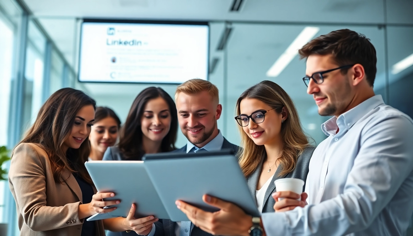 Engaged professionals scrape linkedin leads from search results on digital devices in a modern office.