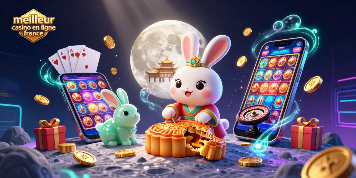 Illustration captivante de meilleur casino en ligne France avec un lapin de lune et des jetons de poker.