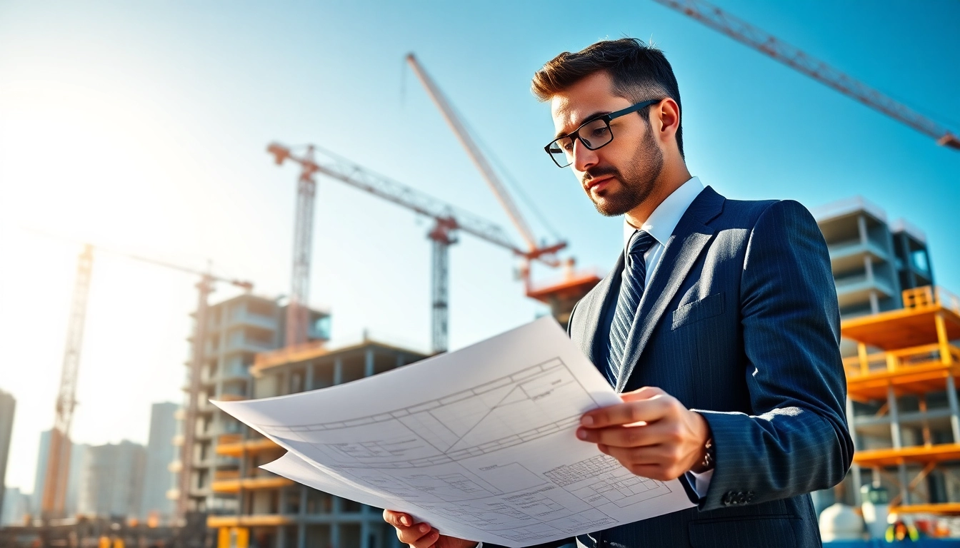 Manhattan Construction Manager directing a construction project with blueprints on a busy site.