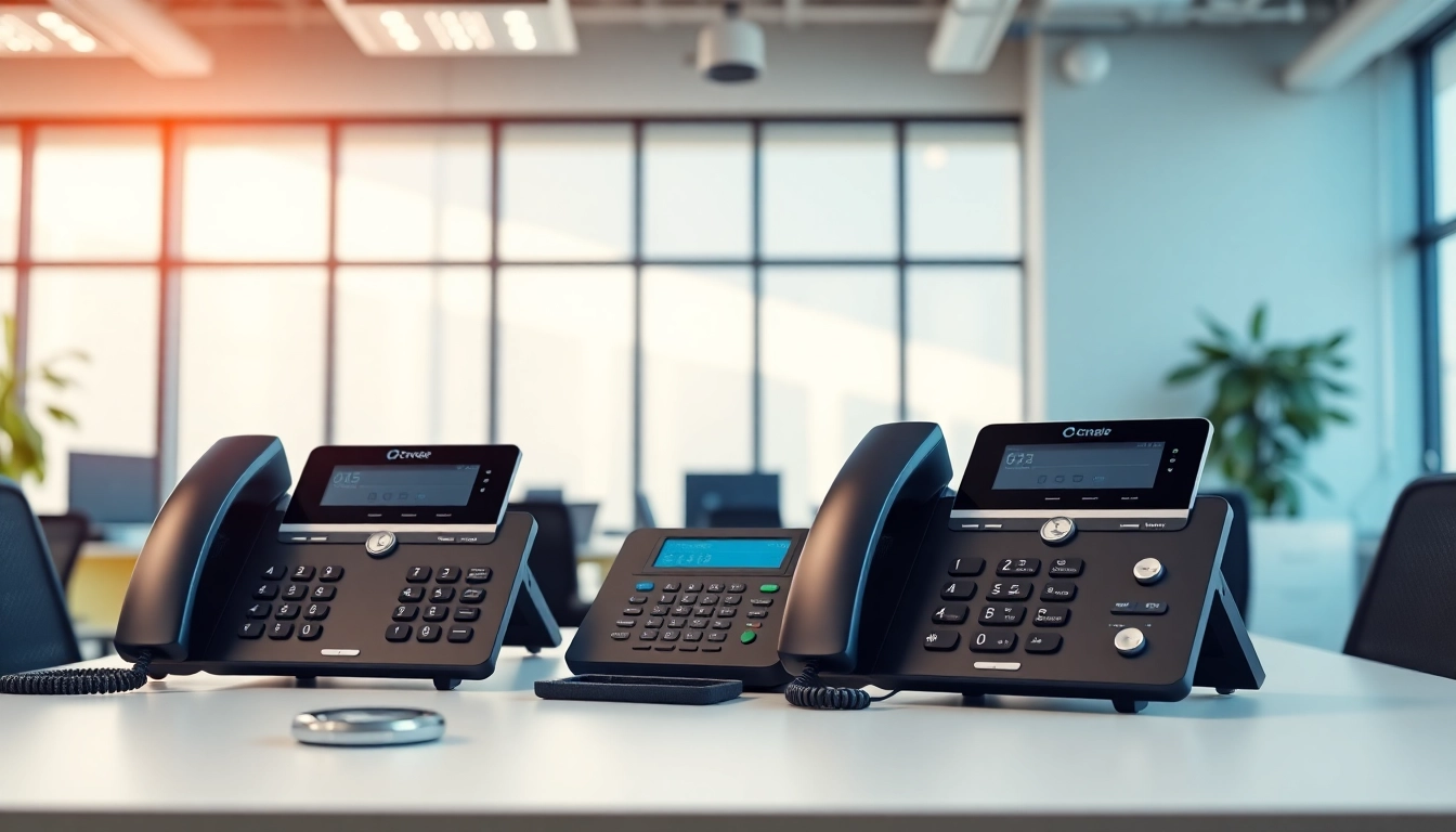 Showcase of modern office phone systems in a professional workspace, highlighting features and functionality.