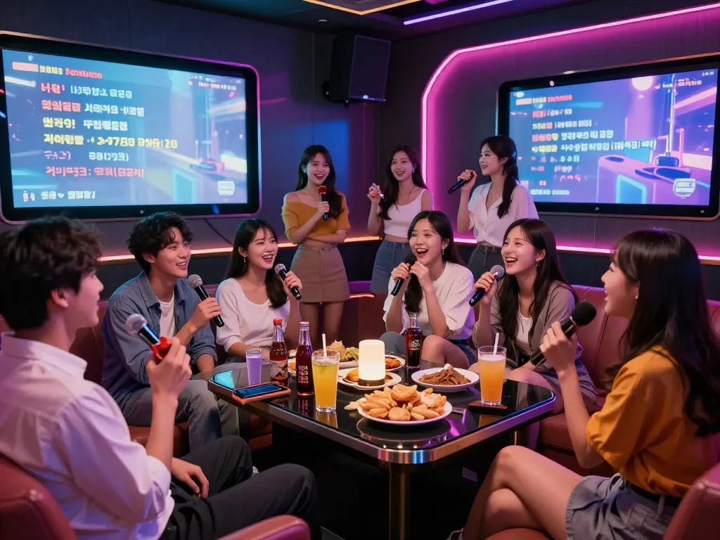 활기찬 개인실 분위기에서 친구들과 함께하는 인천쓰리노 노래방 경험.