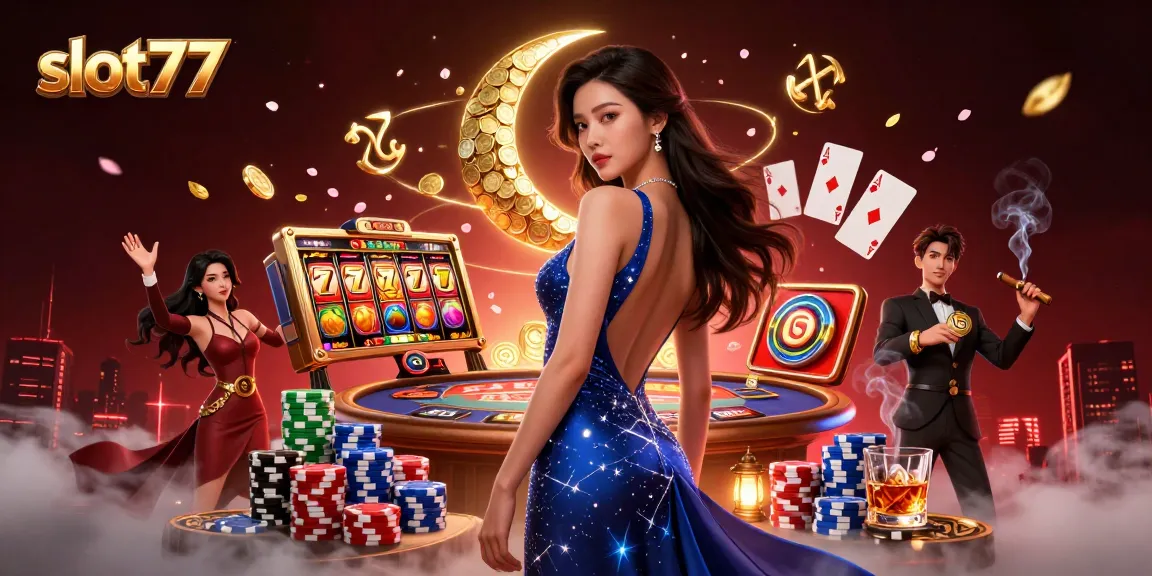 Spin slot77 to reveal vibrant jackpots and colorful symbols in an enchanting casino scene.
