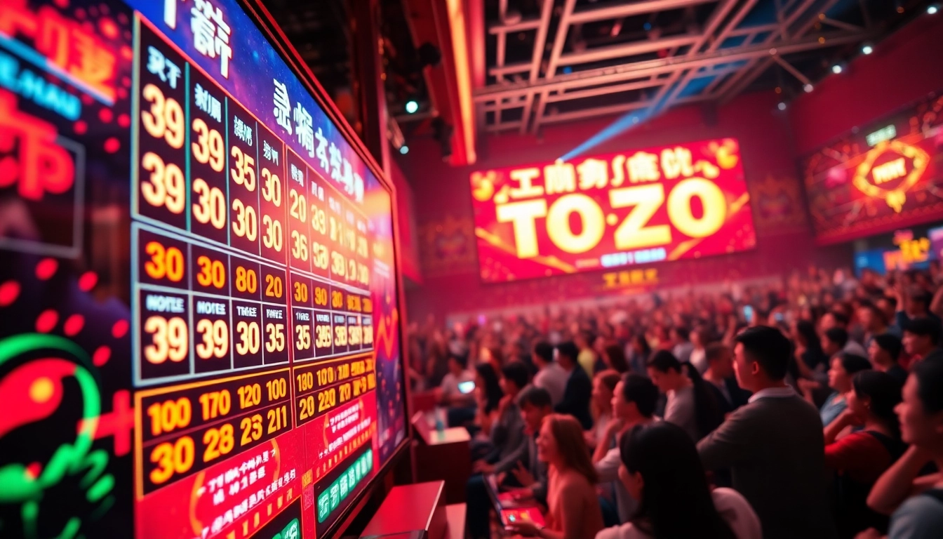 Menghadirkan suasana Toto Macau yang meriah dengan papan undian dan kerumunan penonton.