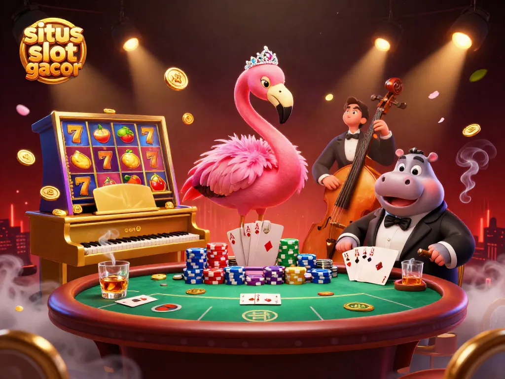 Menggenggam kemenangan di situs slot gacor dengan ilustrasi 3D kasino yang kaya detail dan warna.