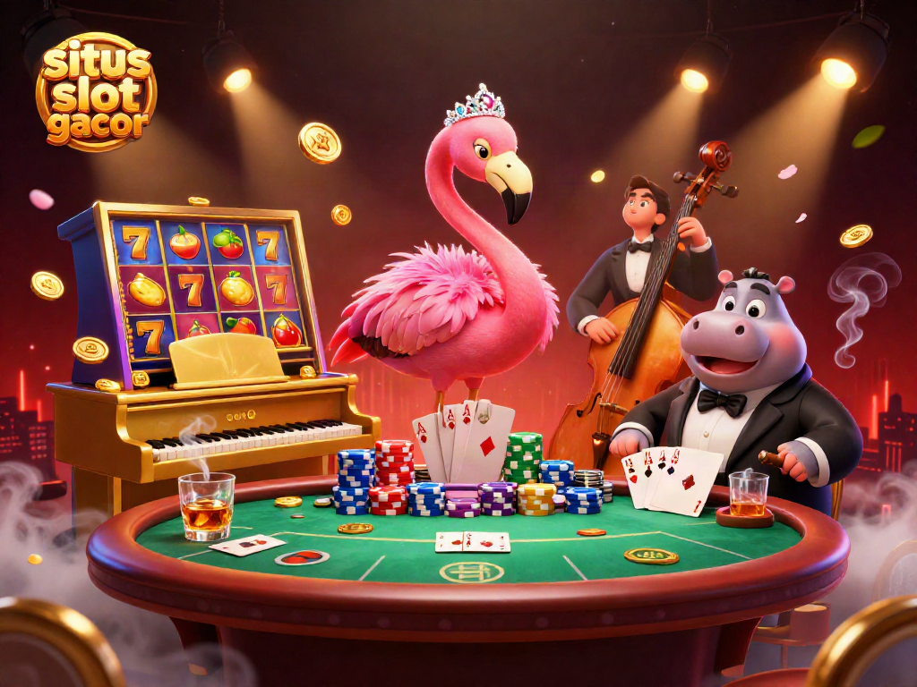 Menggenggam kemenangan di situs slot gacor dengan ilustrasi 3D kasino yang kaya detail dan warna.