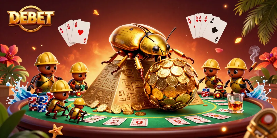 Engage with DEBET through a vibrant casino scene featuring golden beetles and poker elements.