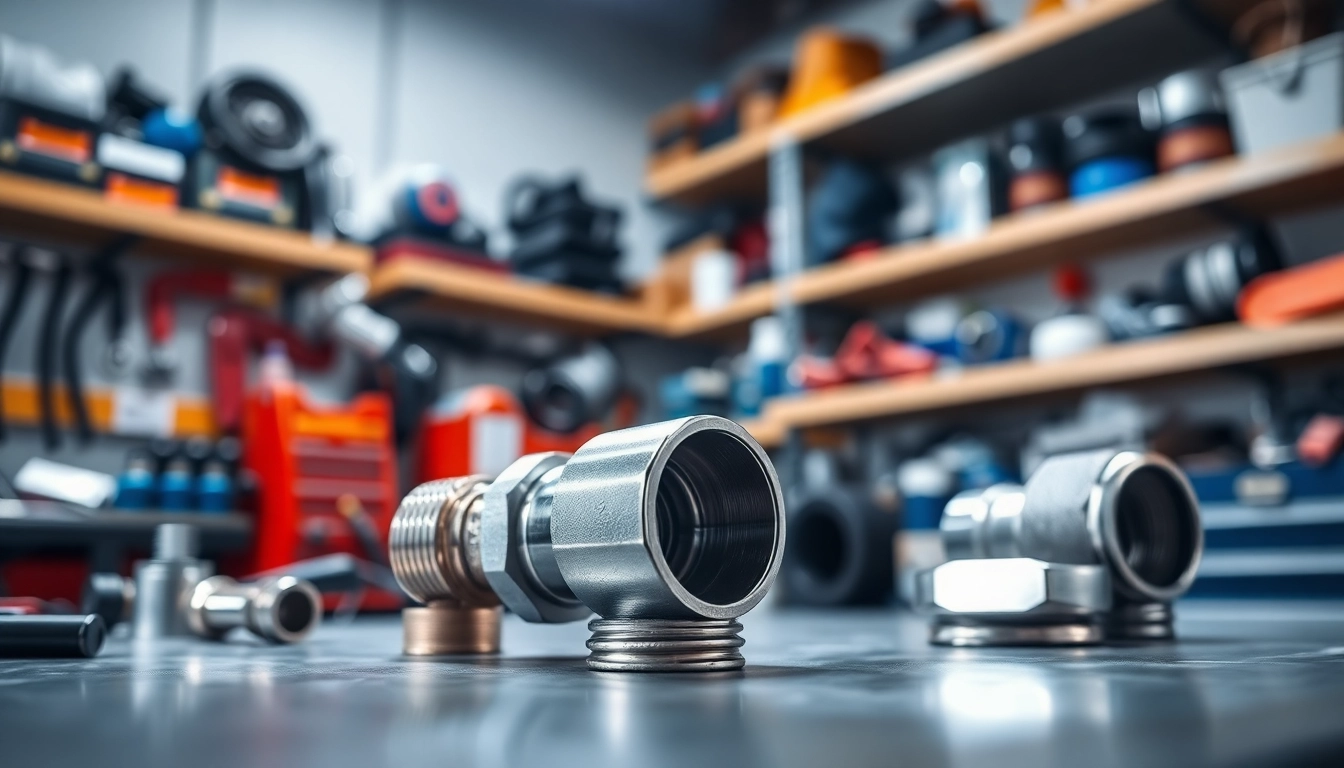 Showcase flex fuel sensor fittings arranged on a workbench, emphasizing automotive precision and quality.