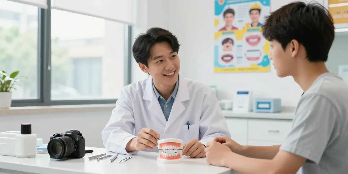 Consultation on fixed retainers in a modern orthodontic clinic with a teenager.