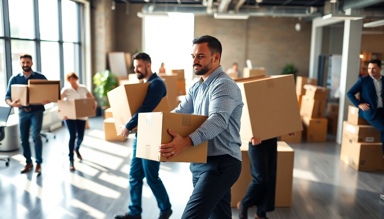 Office Movers carefully packing and transporting furniture within a modern corporate space.