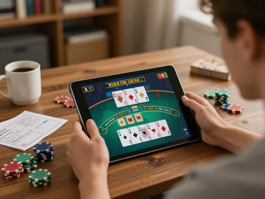 Play exciting blackjack online at lc88 in a cozy home setting, focused on strategy.