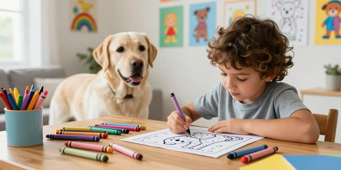 Child coloring a printable Labrador Retriever page, showcasing cartoon character coloring pages in a cozy atmosphere.