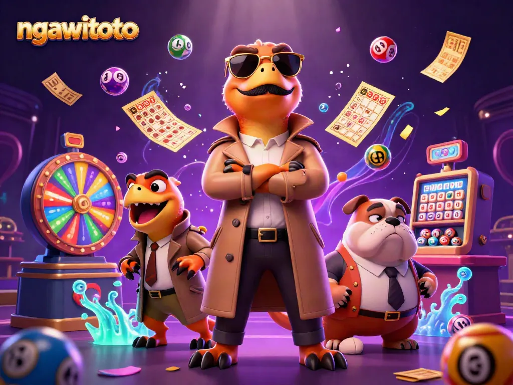 Engage with the dynamic fun at ngawitoto, where cartoon raptors playfully approach a casino lounge, surrounded by colorful lottery elements.