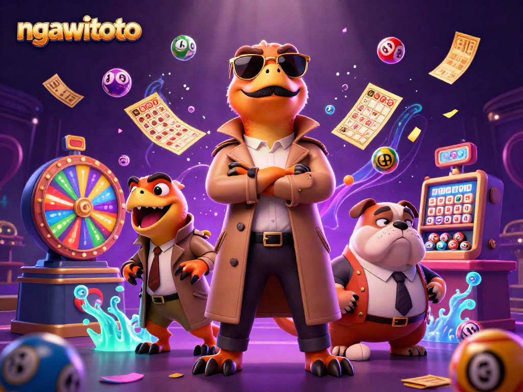 Engage with the dynamic fun at ngawitoto, where cartoon raptors playfully approach a casino lounge, surrounded by colorful lottery elements.