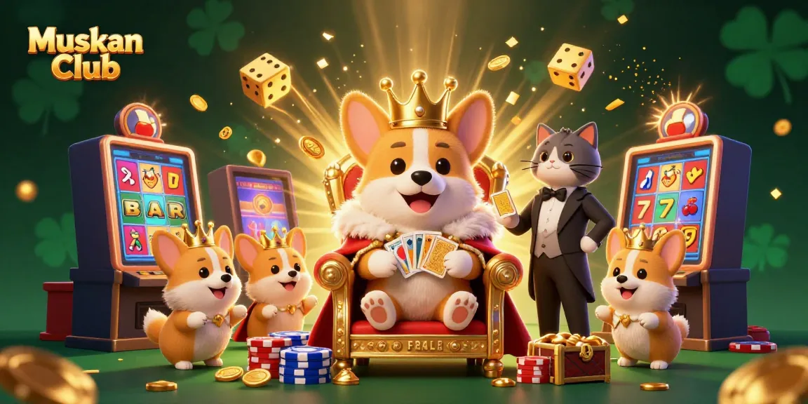 Engage with Muskan Club’s vibrant gaming world featuring a royal corgi and dynamic casino elements.
