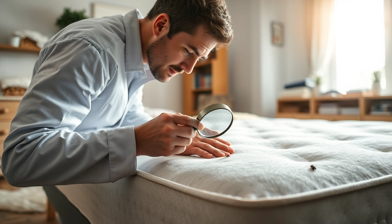 Inspecting mattress for bed bug control with a pest control expert in a bright bedroom