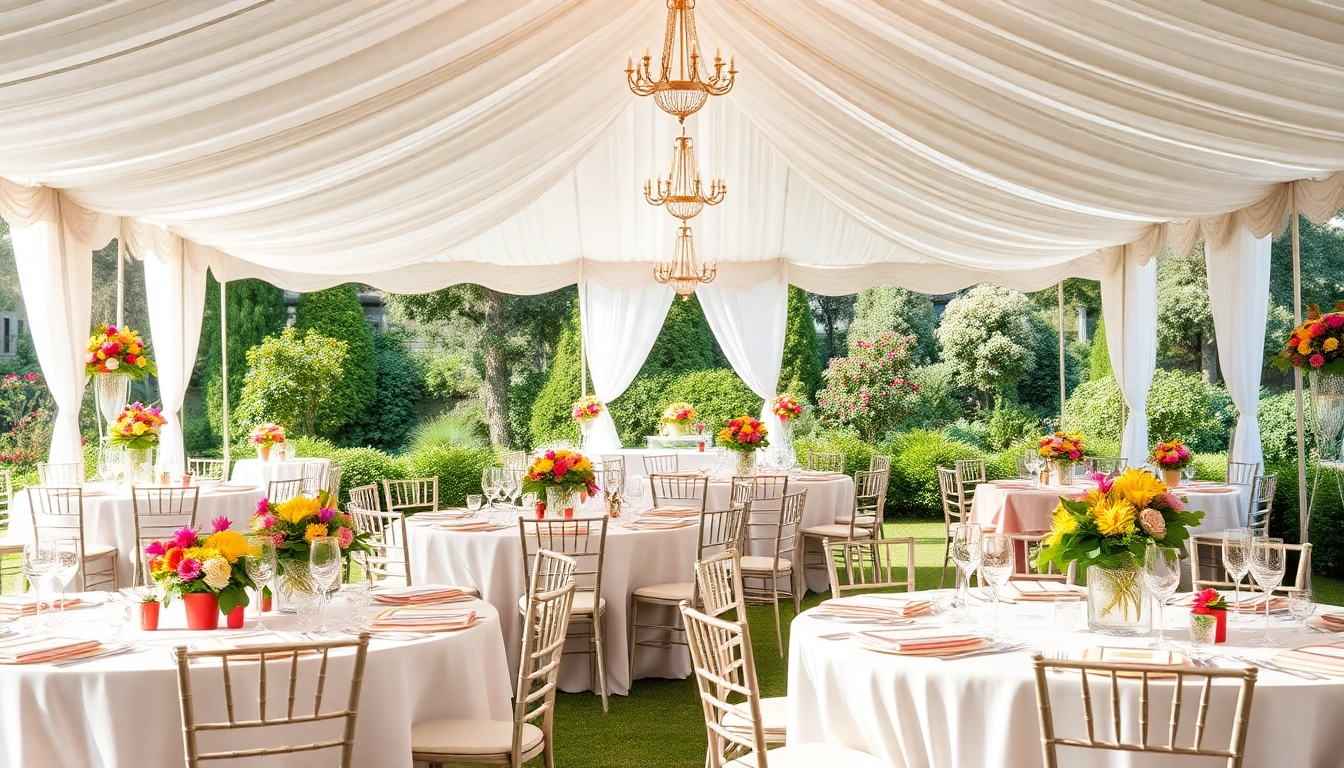 Event Rentals highlight an elegant outdoor setup with decorated tables and vibrant flowers.