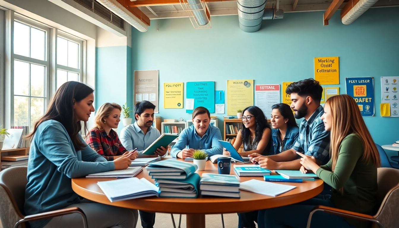Focused meeting of TOEFL test takers for hire working collaboratively in a vibrant study space.