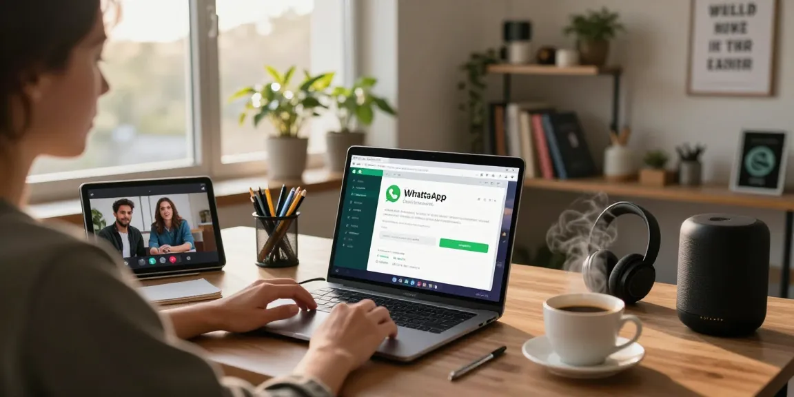 User working on WhatsApp電腦版 in a modern home office with tech gadgets and warm sunlight.