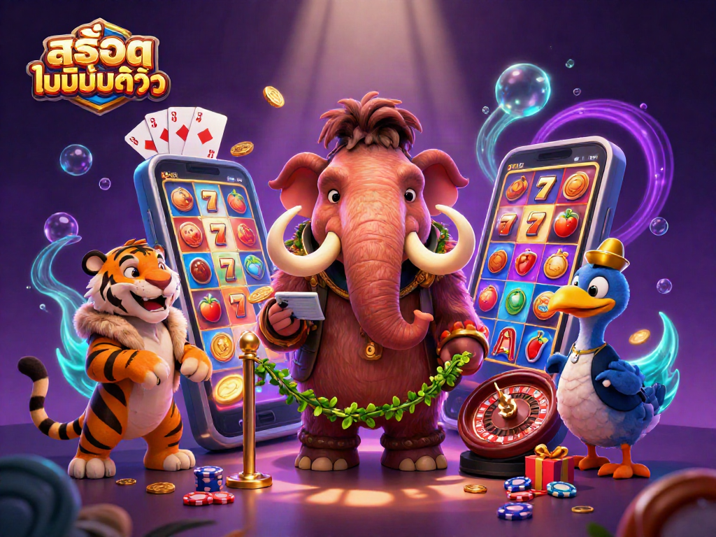 Experience สล็อตไม่มีขั้นต่ำ with a vibrant casino scene featuring a woolly mammoth bouncer and a saber-tooth tiger VIP.