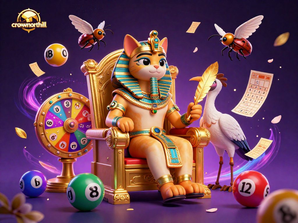 Crownnorthill's captivating pharaoh cat and ibis scribe amid vibrant lottery elements in an exciting gaming illustration