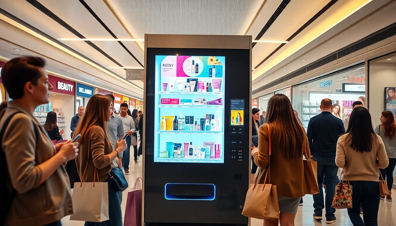 Beauty vending machine displaying a range of cosmetics and skincare in a bustling mall setting.