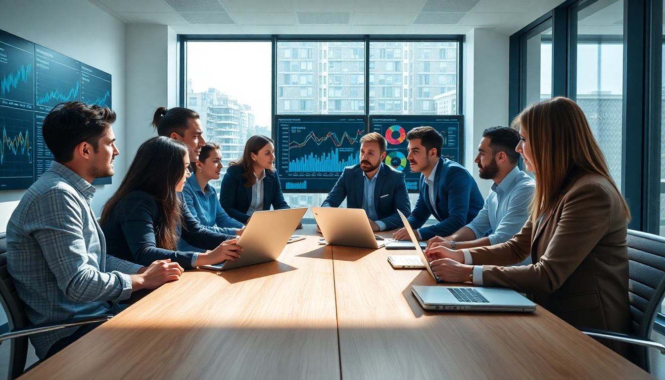 Analyzing competitive intelligence with a professional team in a modern office.