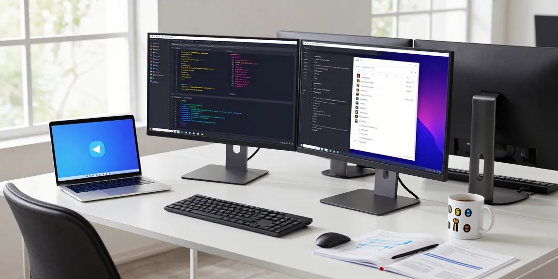 Developer using Telegram中文版 on dual-monitor setup, showcasing a vibrant coding workspace.