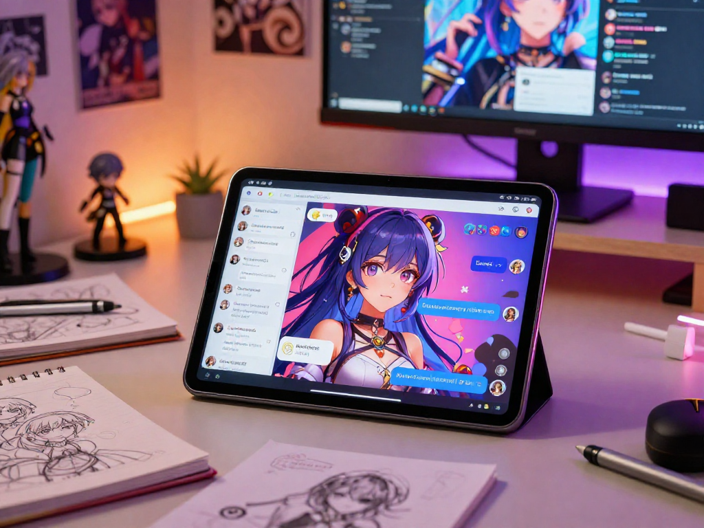 User engaging in hentai ai chat with an expressive virtual assistant on a tablet, showcasing anime-inspired art styles and vibrant chat interface.
