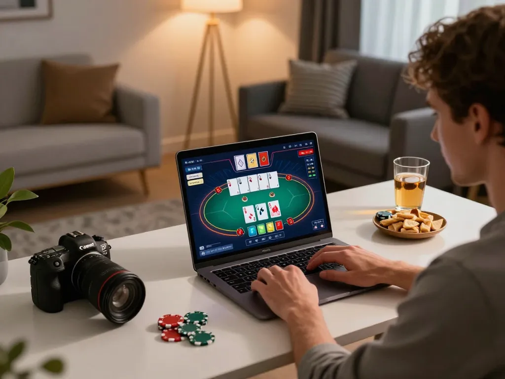 Player engaging in a strategic poker game on a laptop, showcasing LV88's online casino experience with vibrant interface.