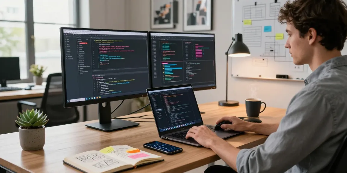 Developer coding on a laptop with dual monitors in a modern tech workspace, showcasing 纸飞机中文版 functionality and design.