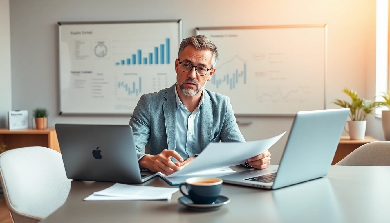 Consultant reviewing contracts and grants in a modern office environment.