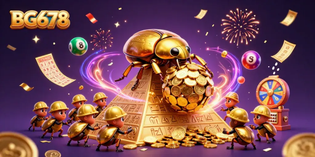 Engage with BG678, a vibrant 3D illustration of a golden dung beetle exploring dynamic casino fun.