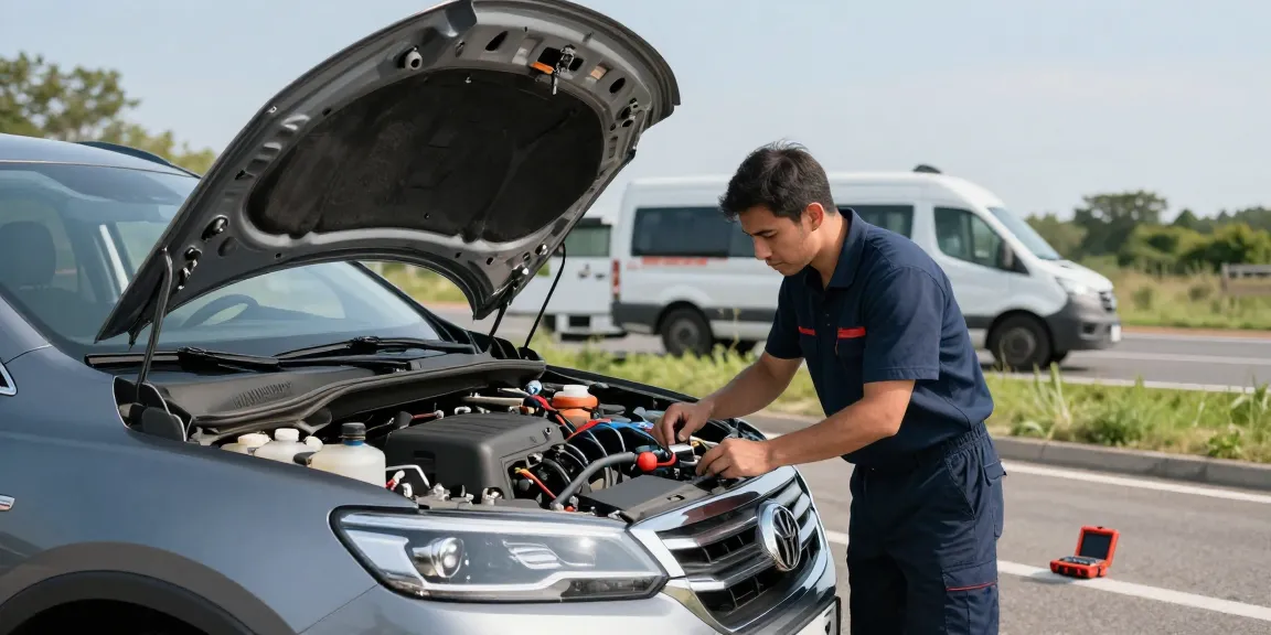 Technician checking Adblue in diesel car at roadside recovery service.