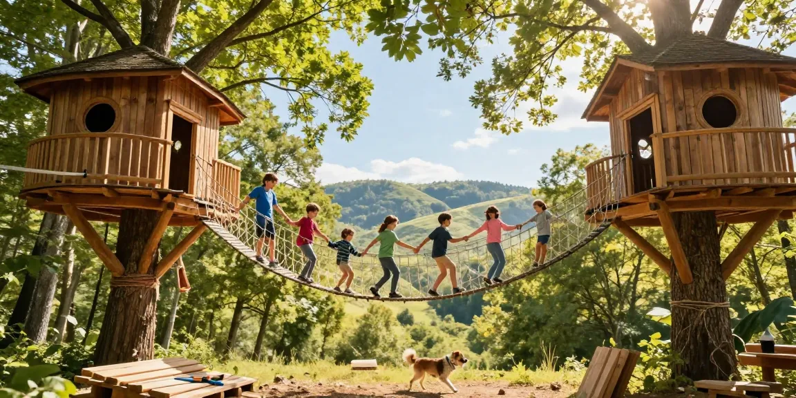 Families enjoying a rope bridge design adventure connecting treehouses in a vibrant forest.