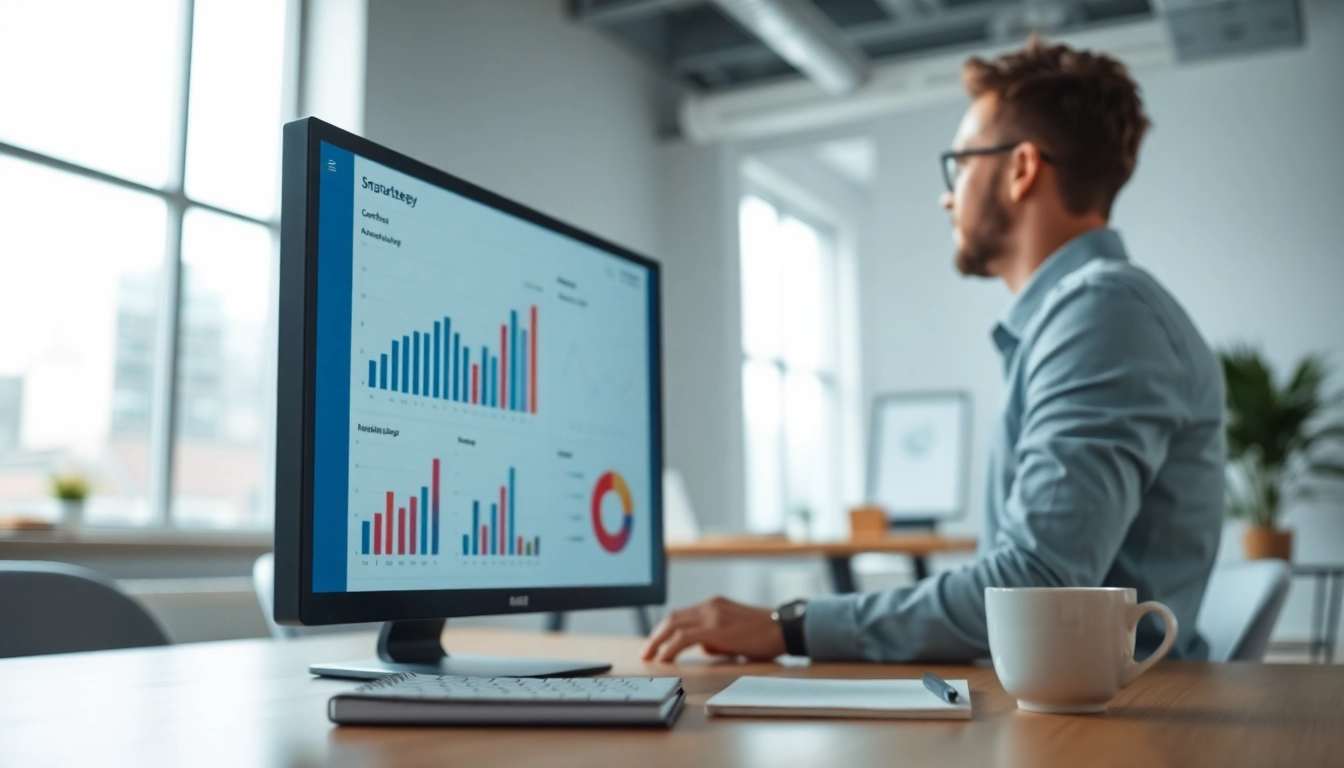 Implement Good Wolf Marketing strategies with a digital strategist analyzing data in a modern office.