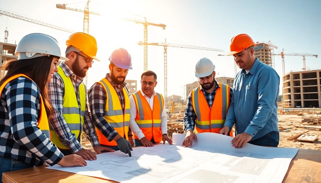 Teamwork among southern california contractors association members on a construction site, reviewing blueprints.