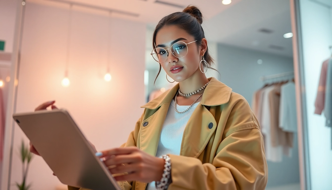 Explore the innovative online fashion trend 2025 with a stylish woman engaging in virtual shopping.